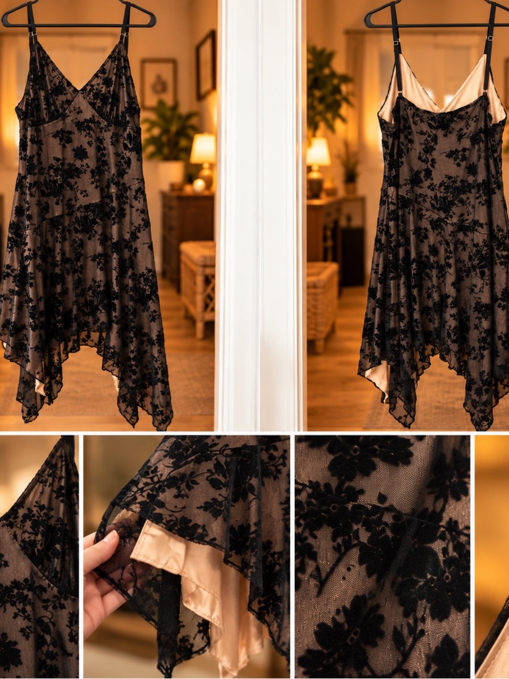 Black Floral Sheer Slip Dress with Champagne Lining - Women